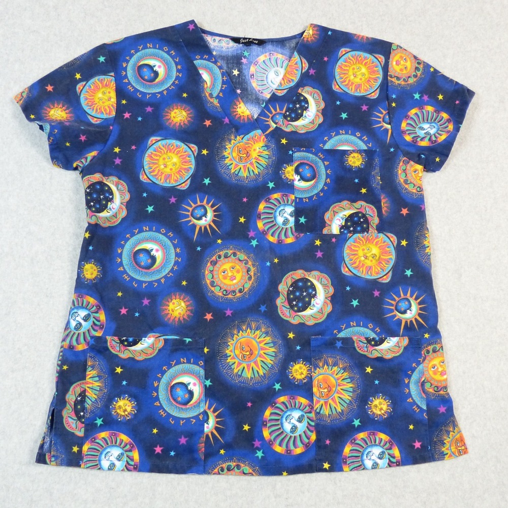 Just Love Celestial Sun Moon Star Print V-Neck Scrub Top L Gold Blue Colorful